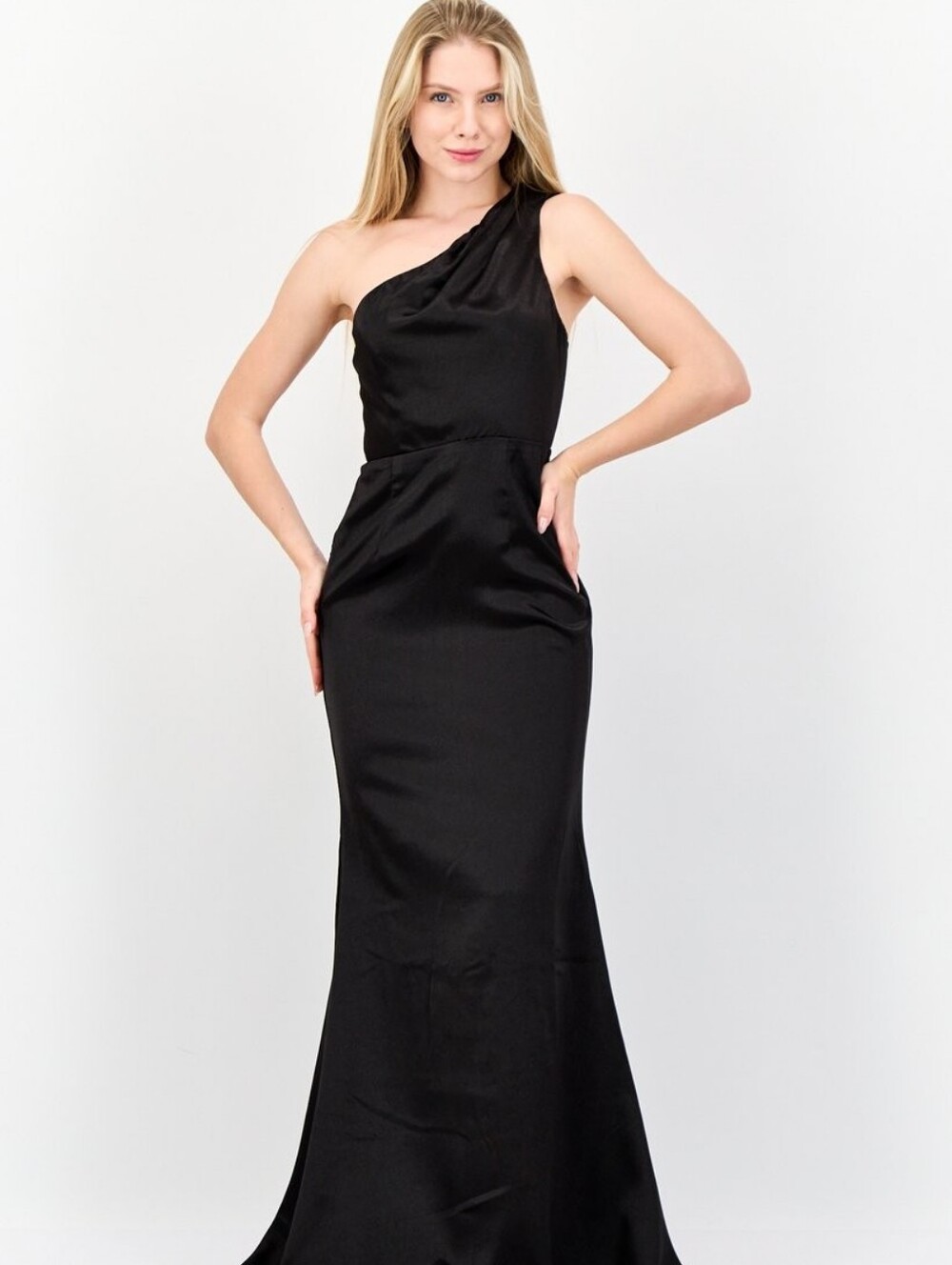 Lulu's Black Satin One-Shoulder Open Back Maxi Dress
